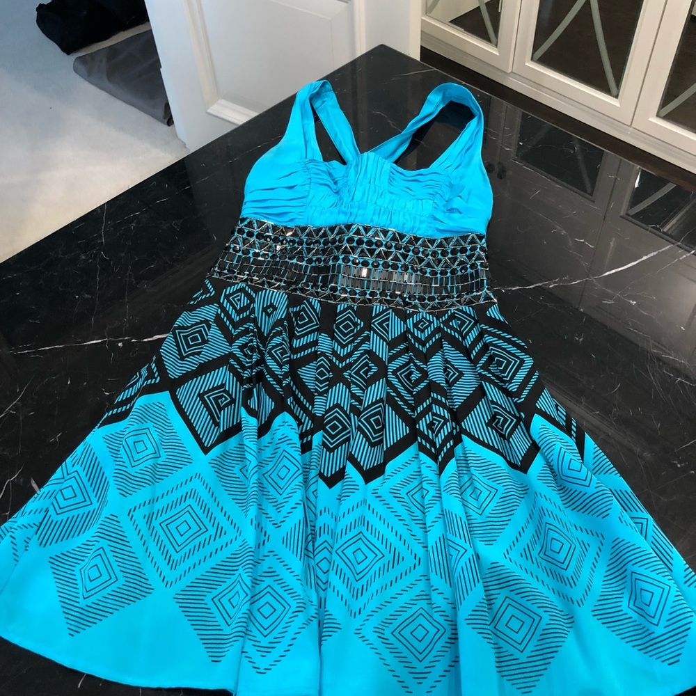 Bebe blue beaded flowy dress